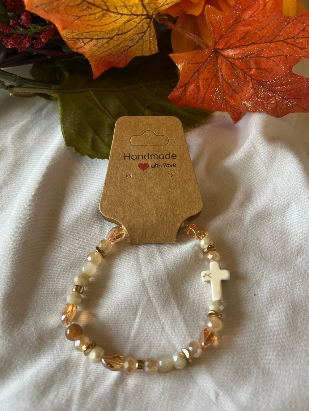 Handmade Cream & Gold crystal Beaded Cross Bracelet Christian / Catholic